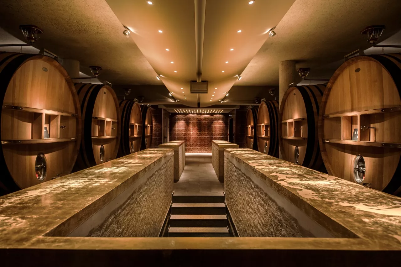 Cave voûtée bordée de grands foudres de chêne au site d'Union Champagne à Avize