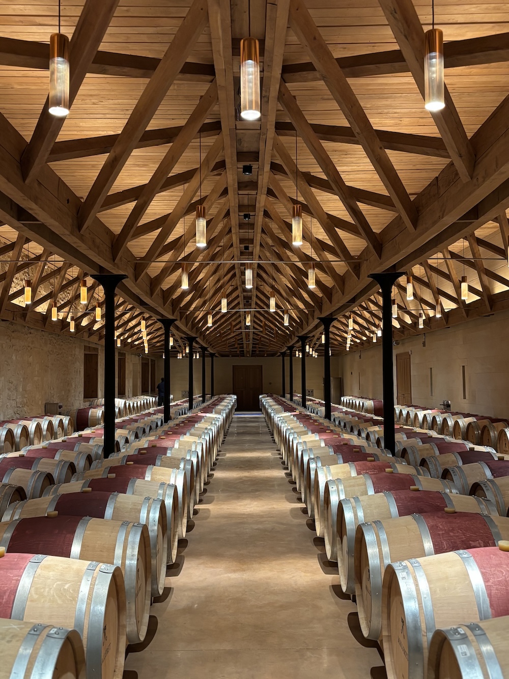 Barrel cellar with timber roof structure for ageing Bordeaux grand crus