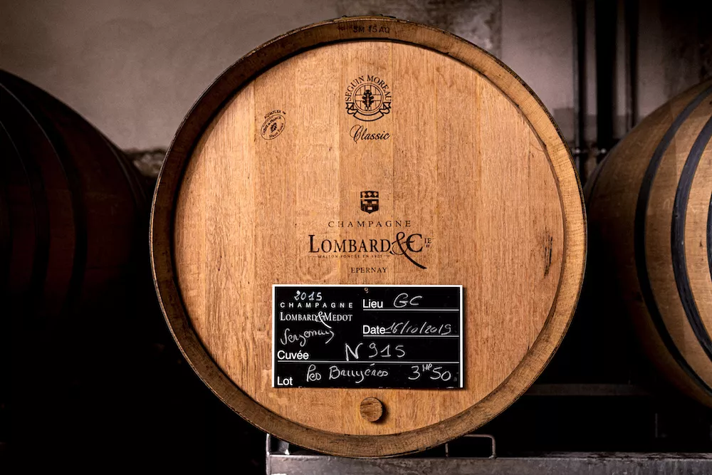 A barrel in the cellar at Champagne Lombard