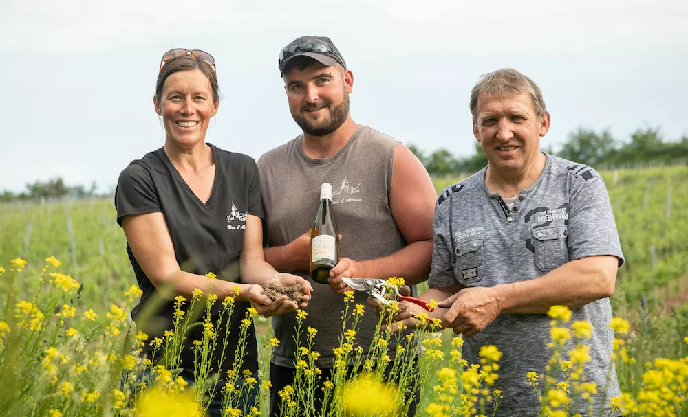 Les trois premiers vignerons certifiés Agriculture Biologique de la Cave du Vieil Armand dans une de leur parcelle.