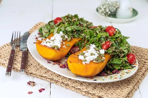 Whole roast squash with lentils, feta and a dry Greek white