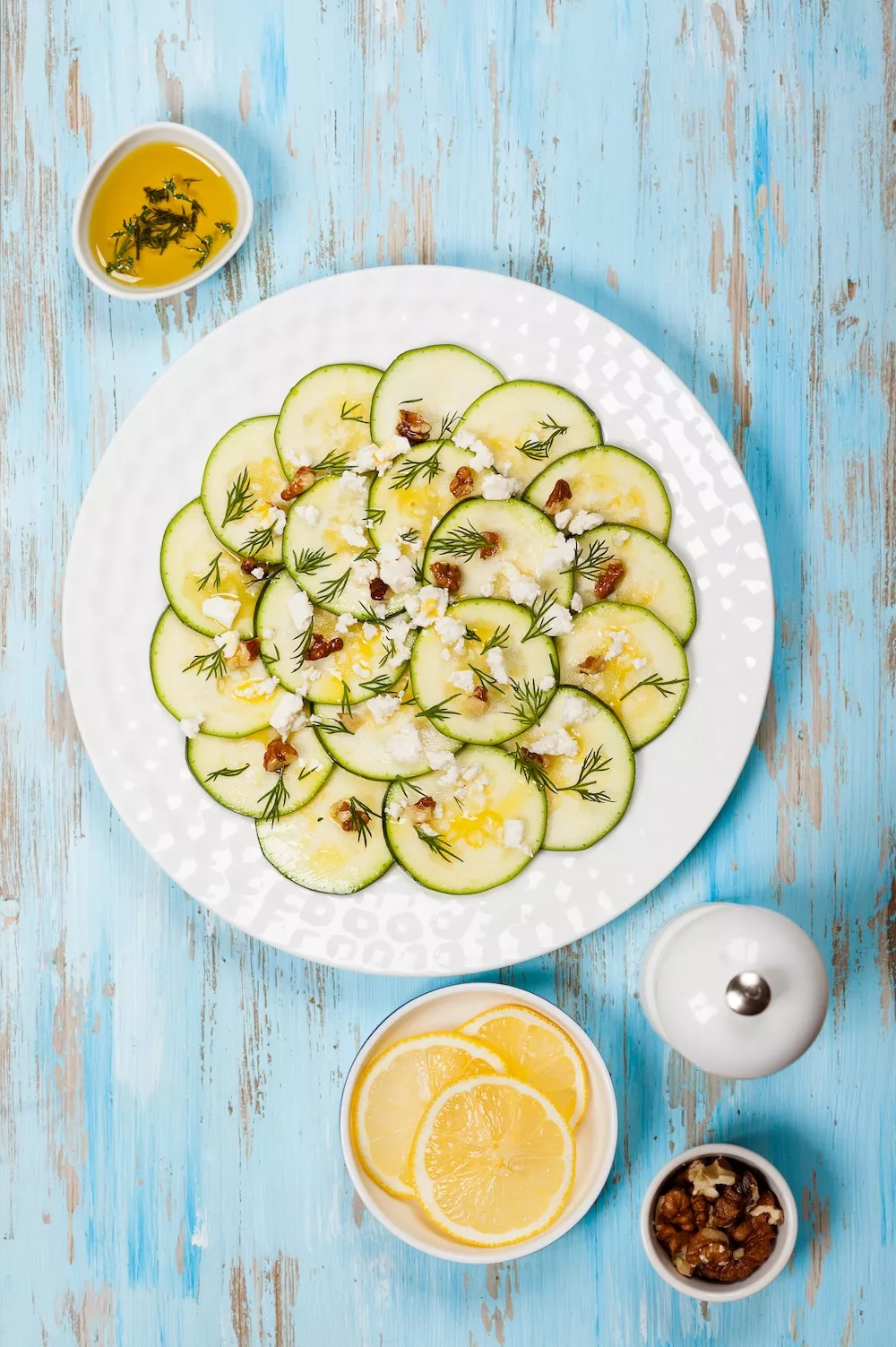Courgette carpaccio with feta and preserved lemon