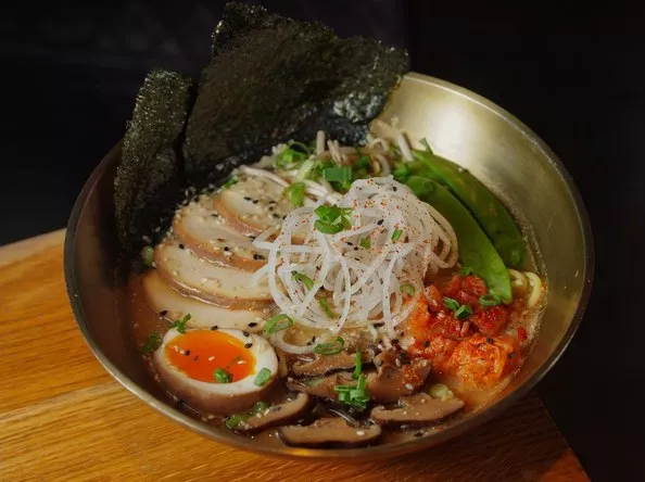 Homemade mushroom ramen with a German pinot noir